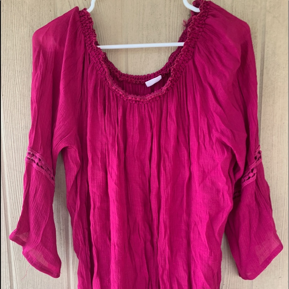 Fuchsia Pink Bell Sleeve Lace Top Business Casual